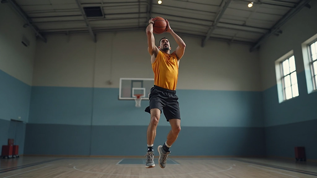لاعب كرة سلة محترف يؤدي حركة قفز عالية مع كرة في يده في صالة رياضية حديثة
