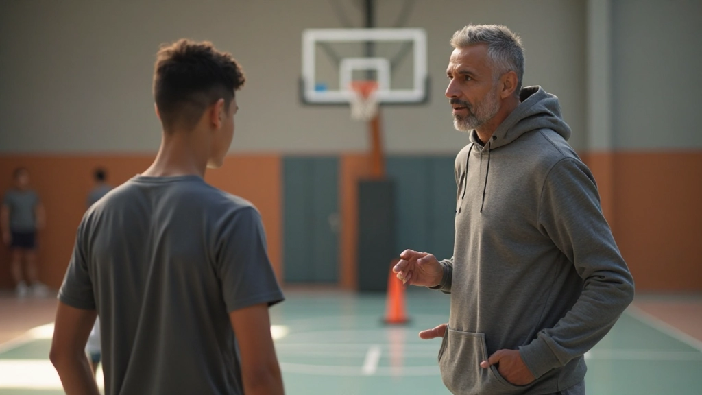 مدرب كرة سلة ذو خبرة يوجه مجموعة من لاعبي الشباب أثناء جلسة تدريب مكثفة