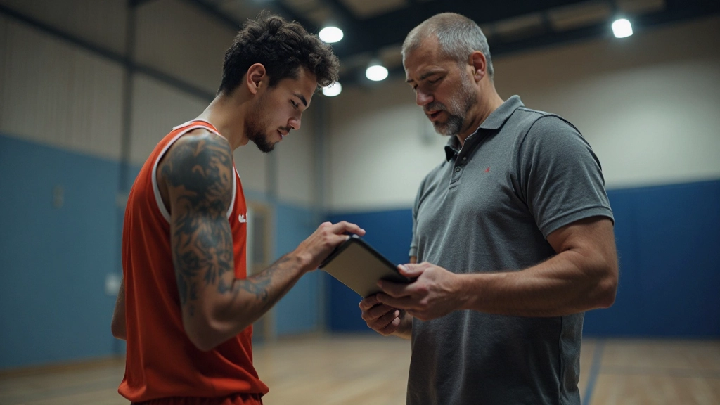 مدرب يراجع بيانات الأداء مع لاعب شاب باستخدام جهاز لوحي في قاعة تدريب حديثة