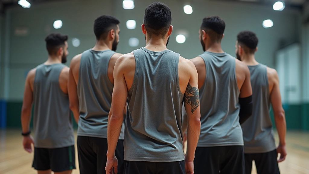 مجموعة من لاعبي كرة السلة يرتدون أجهزة قابلة للارتداء أثناء تدريب فريق منظم