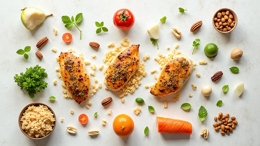 خطة تغذية مفصلة موضوعة على طاولة مع أنواع مختلفة من الأطعمة الصحية